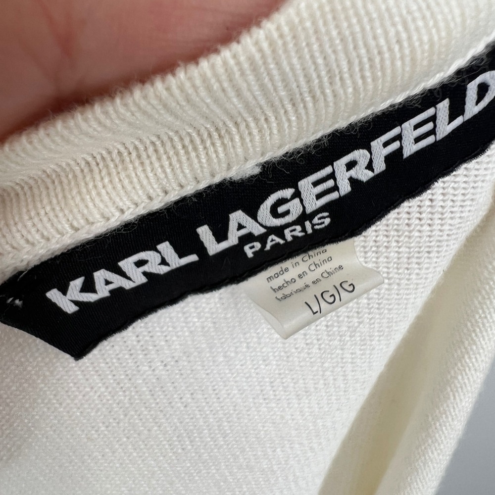 Karl Lagerfeld Paris White Knit Cardigan Pearl Buttons Lace Front Size L - Picture 4 of 7
